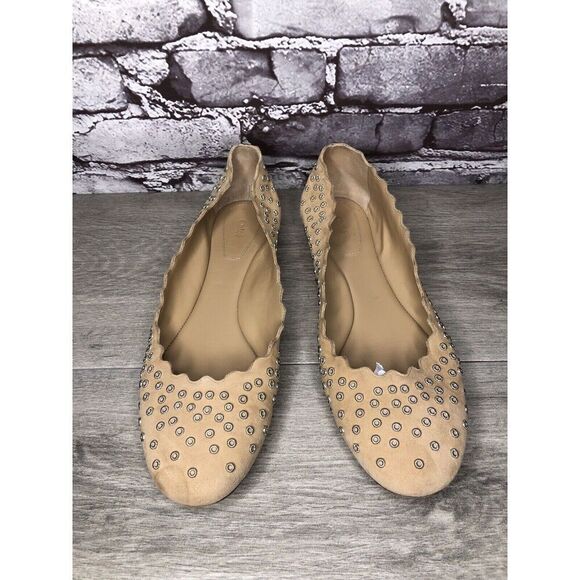 Chloe Beige Suede Leather Scalloped Studded Ballet Flats Women’s Sz 40EU/9.5M US - Picture 2 of 16
